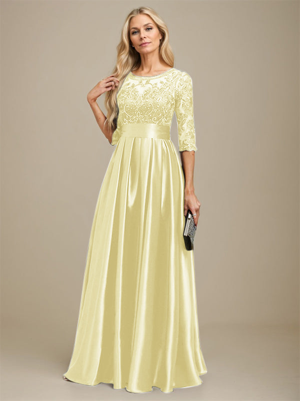 Vestido de madre de la novia de satén elástico con encaje, corte A, escote ilusión, largo hasta el suelo, con lazo y lentejuelas 
