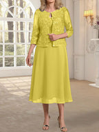 Vestido de gasa con encaje y lentejuelas para madre de la novia, corte A, escote redondo y largo hasta la rodilla 