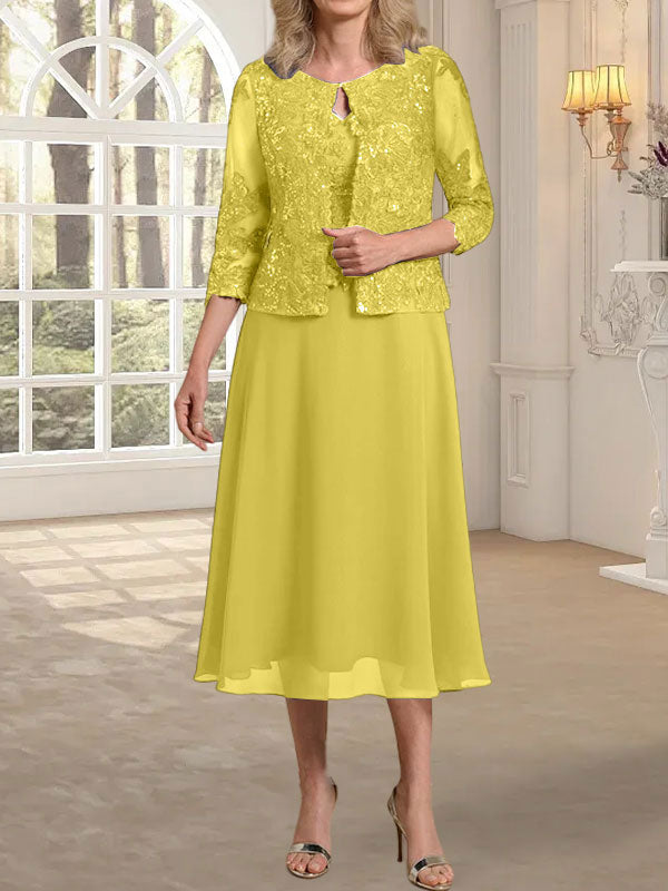 Vestido de gasa con encaje y lentejuelas para madre de la novia, corte A, escote redondo y largo hasta la rodilla 