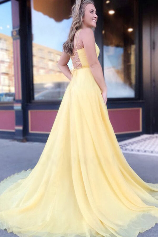 Chiffon A-line Spaghetti Straps Long Prom Dresses Evening Gown