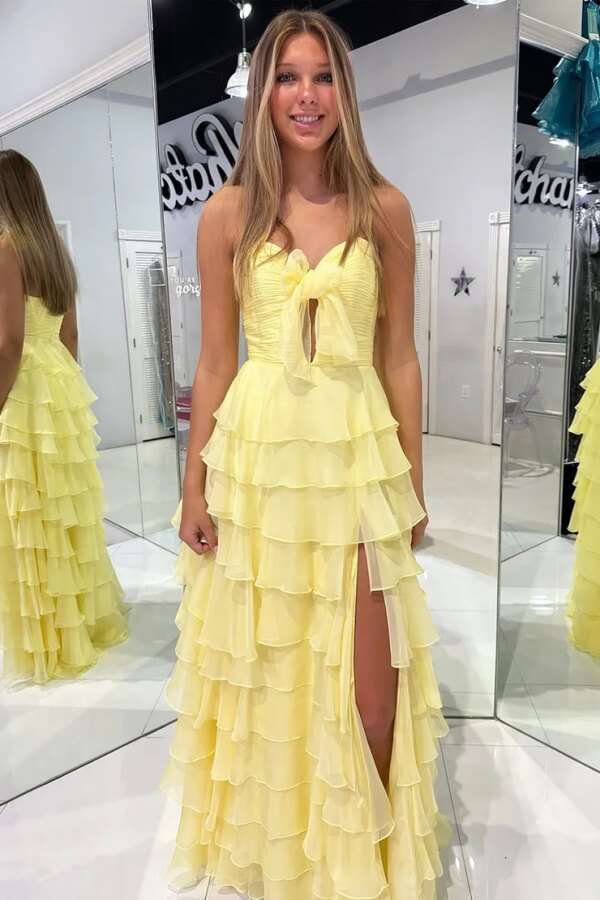 Chiffon A-Linien Trägerloses Keyhole Stufen Ballkleid Mit Schlitz