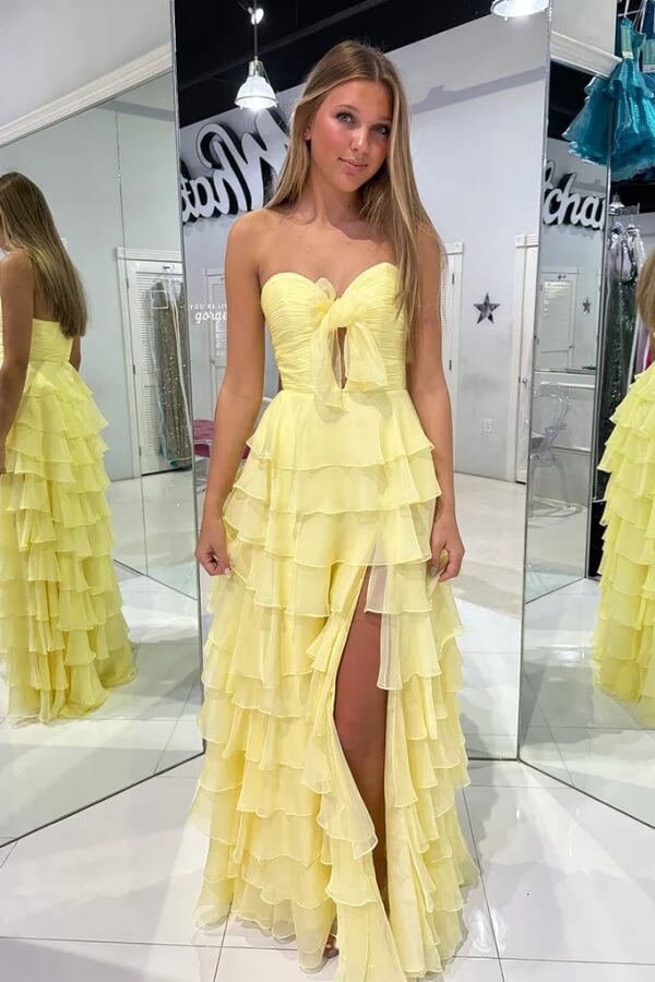 Chiffon A-Linien Trägerloses Keyhole Stufen Ballkleid Mit Schlitz