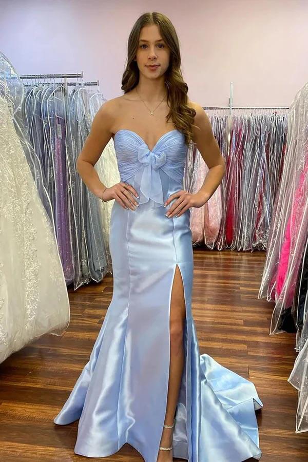 Satin Mermaid Strapless Side Slit Long Prom Dresses With Bow