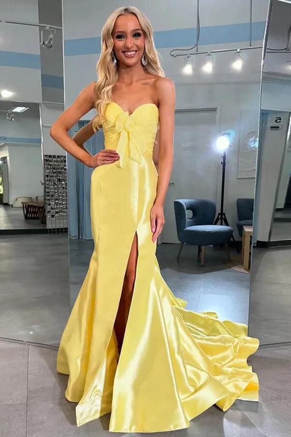 Satin Mermaid Strapless Side Slit Long Prom Dresses With Bow