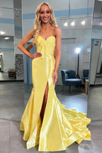 Satin Mermaid Strapless Side Slit Long Prom Dresses With Bow