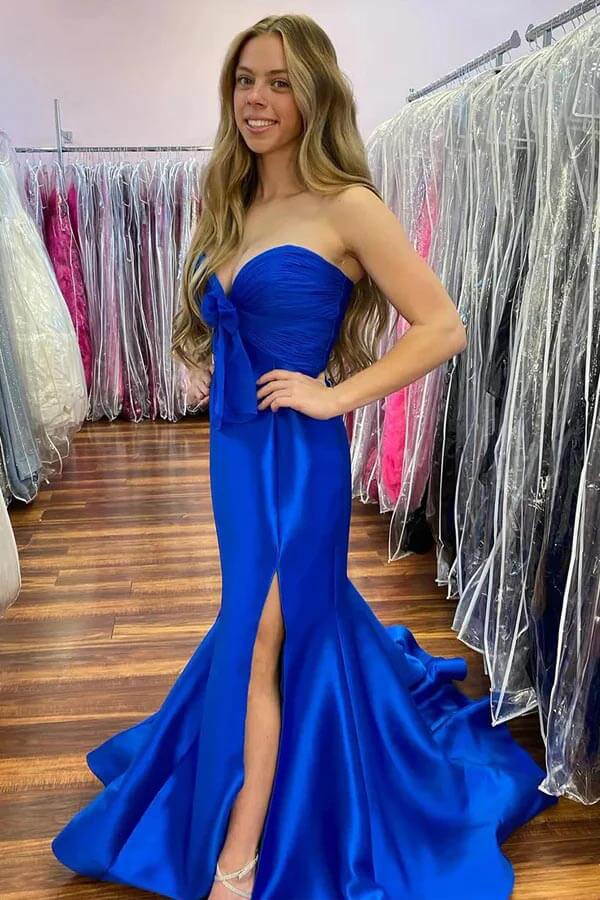 Satin Mermaid Strapless Side Slit Long Prom Dresses With Bow