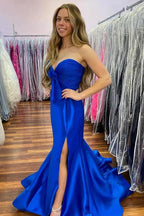 Satin Mermaid Strapless Side Slit Long Prom Dresses With Bow