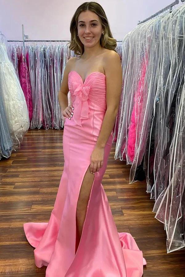 Satin Mermaid Strapless Side Slit Long Prom Dresses With Bow