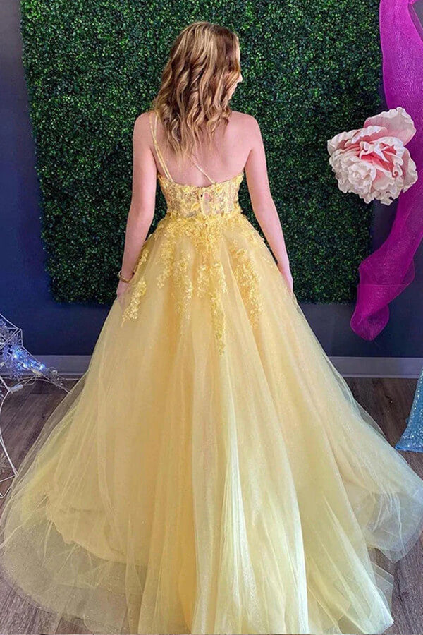 Tulle A-line One Shoulder Lace Prom Dresses, Evening Dresses