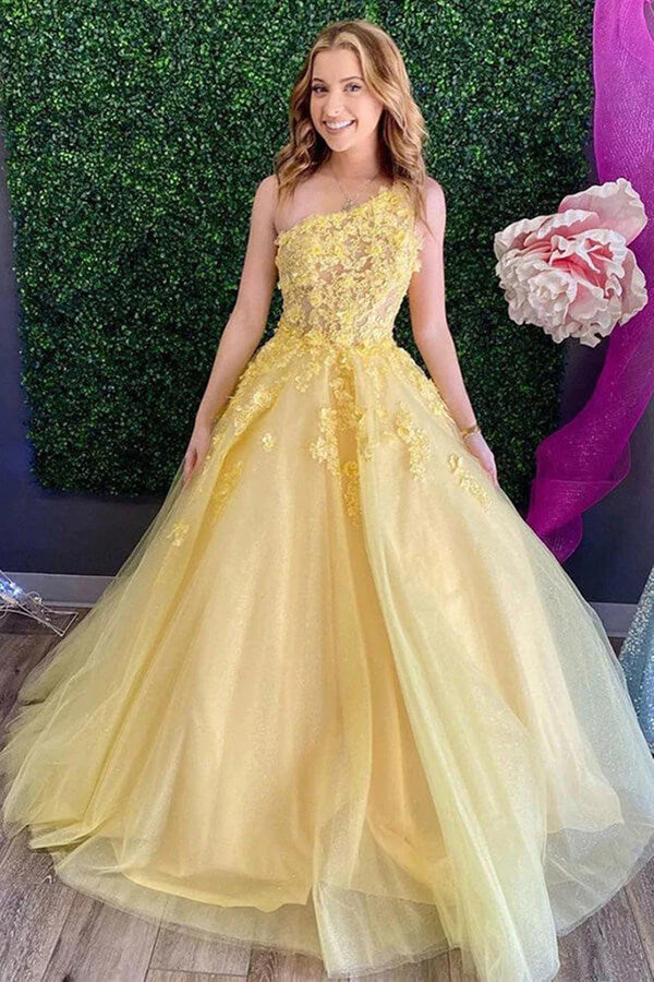 Tulle A-line One Shoulder Lace Prom Dresses, Evening Dresses