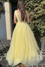 Tulle A-line V-neck Long Prom Dresses With Belt, Evening Dresses