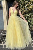 Tulle A-line V-neck Long Prom Dresses With Belt, Evening Dresses