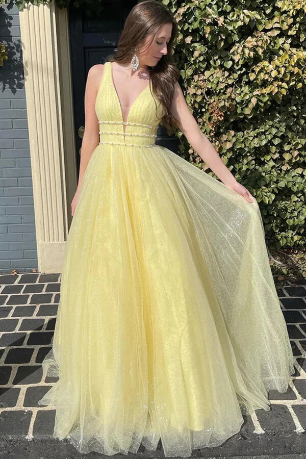 Tulle A-line V-neck Long Prom Dresses With Belt, Evening Dresses