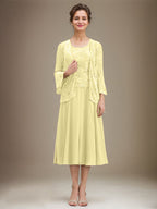Vestido de gasa con encaje y lentejuelas para madre de la novia, corte A, escote redondo y largo hasta la rodilla 