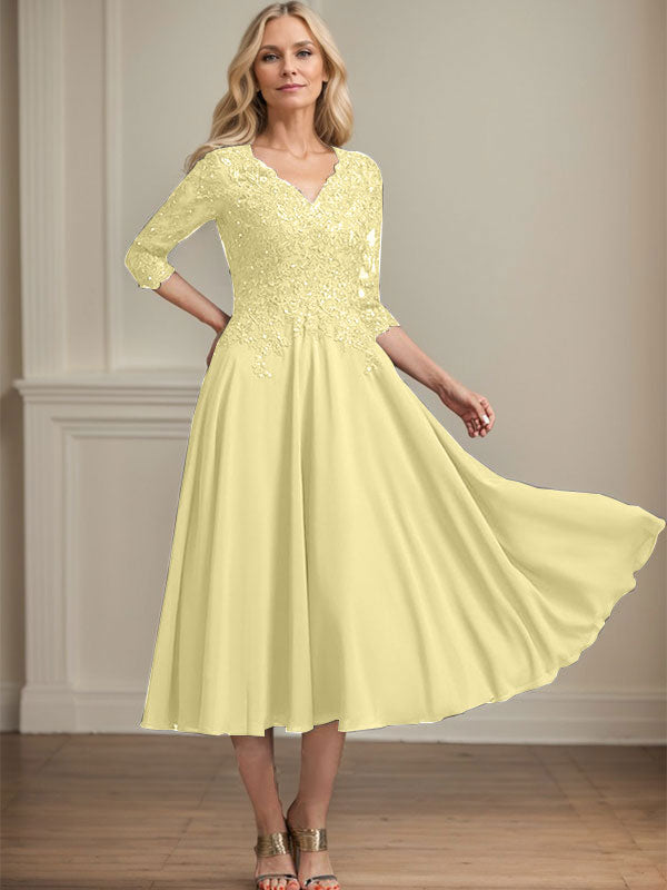 A-Linien-Kleid aus Chiffonspitze mit V-Ausschnitt, Teelänge, Perlen- und Paillettenstickerei für die Mutter der Braut 