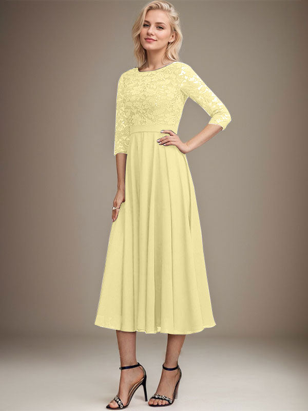 A-Linien-Kleid mit Rundhalsausschnitt, Teelänge, Spitze, Chiffon, Pailletten, für die Mutter der Braut