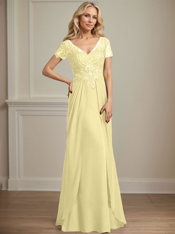 Vestido de gasa con encaje y escote en V hasta el suelo para madre de la novia