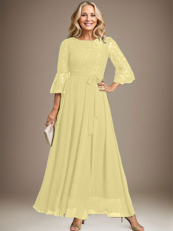 A-Linien-Kleid aus Chiffon mit Rundhalsausschnitt und Schleife, knöchellang, für die Mutter der Braut