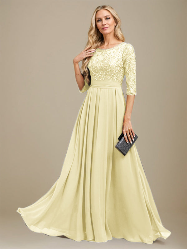 A-Linien-Kleid aus Chiffon mit Paillettenapplikationen und Rundhalsausschnitt, bodenlang, für die Mutter der Braut 