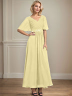 A-Linien-Chiffonkleid mit V-Ausschnitt, Knöchellänge, plissierten Pailletten und Perlenstickerei für die Mutter der Braut