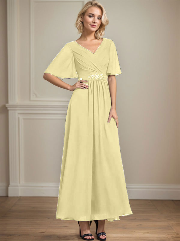 Vestido de gasa para madre de la novia, corte A, escote en V, largo hasta los tobillos, con lentejuelas y cuentas plisadas