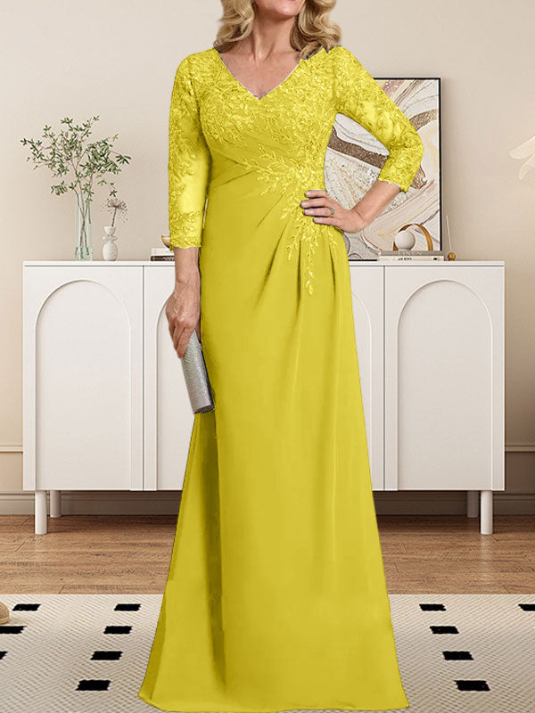 Etuikleid/Säulenkleid mit V-Ausschnitt, Illusion-Detail, bodenlang, aus Chiffonspitze und plissierten Pailletten für die Mutter der Braut 