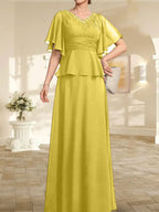 Vestido de gasa para madre de la novia, corte A, escote en V, largo hasta el suelo, con cuentas plisadas