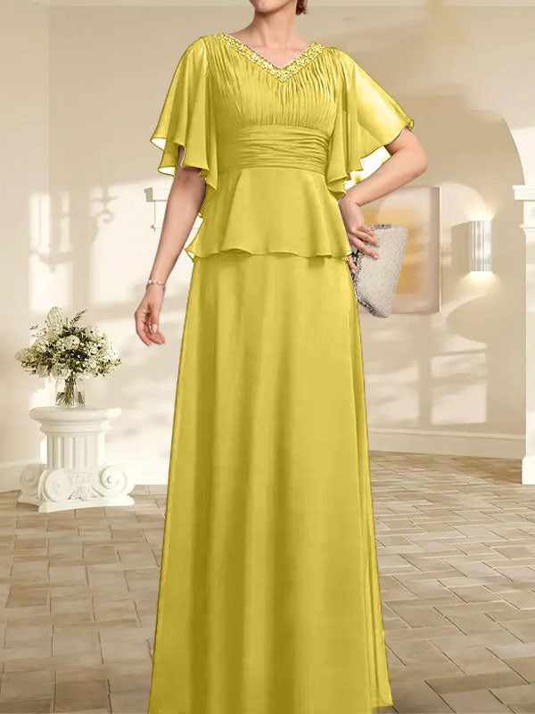 Vestido de gasa para madre de la novia, corte A, escote en V, largo hasta el suelo, con cuentas plisadas