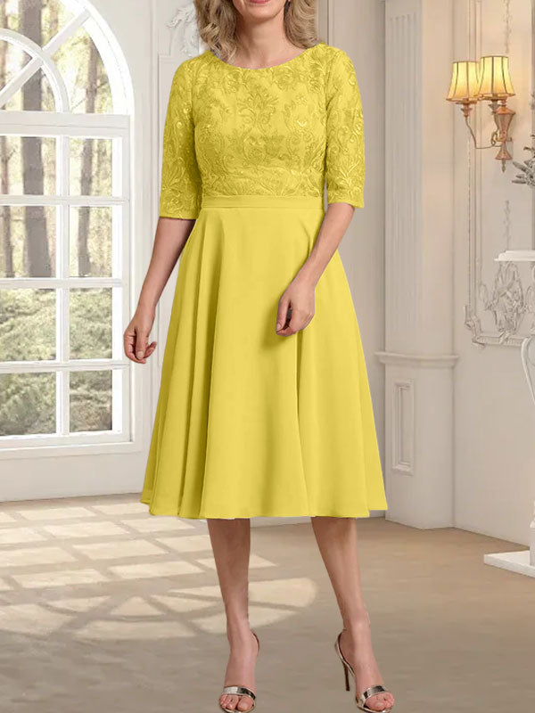A-Linien-Kleid aus Chiffon mit Rundhalsausschnitt und knielangem Schnitt – das perfekte Kleid für die Mutter der Braut