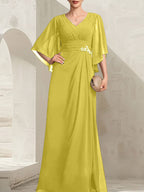 Vestido de gasa para madre de la novia, con escote en V, largo hasta el suelo, con lentejuelas plisadas y abalorios.