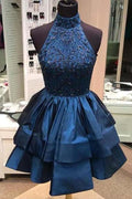 A-Linien-Heimkehrkleid mit Perlenbesatz und Neckholder, kurzes Ballkleid