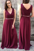 Vestidos de fiesta de gasa burdeos con corte A y vestidos largos de dama de honor