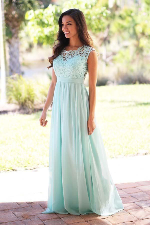 Vestido de dama de honor de gasa color menta con encaje, corte A y largo hasta el suelo 