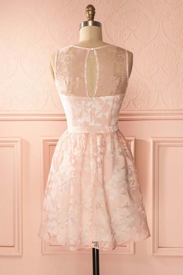 A-Line Crew Open Back Short Pearl Lace Homecoming Dress