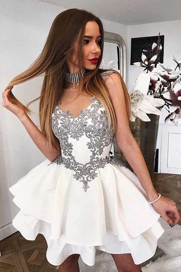 A-Line Crew Short Tiered Homecoming Dress with Appliques