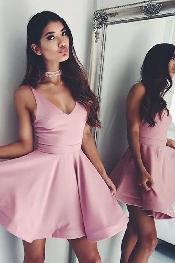 Vestido de fiesta formal corto de satén con cuello en V lindo corte A