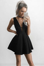 A-Line Deep V-Neck Short Cut Out Satin Homecoming Dress