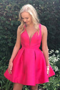 A-Linien-Heimkehrkleid mit tiefem V-Ausschnitt, kniekurz, fuchsia