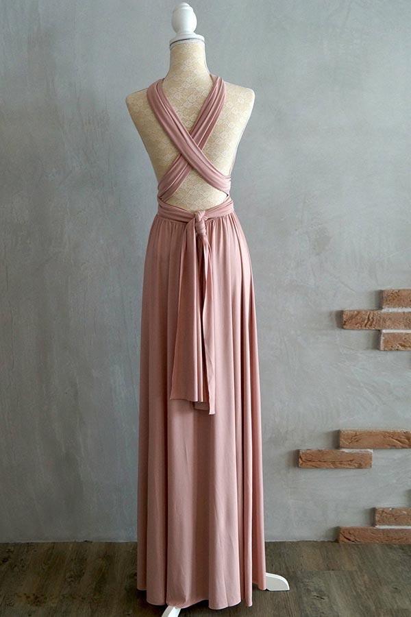 Vestido de dama de honor de licra color rubor, corte A, largo hasta el suelo, con tirantes cruzados 