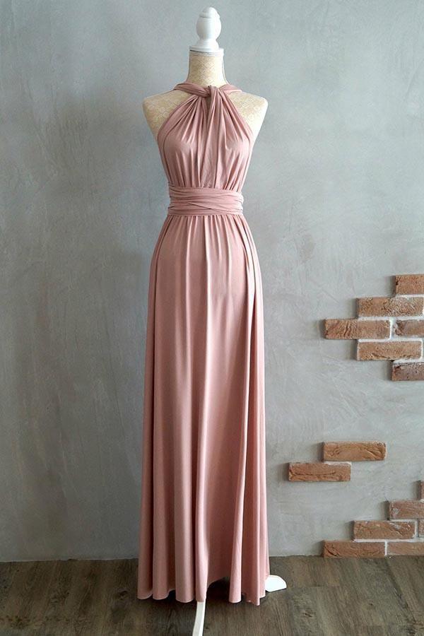 Vestido de dama de honor de licra color rubor, corte A, largo hasta el suelo, con tirantes cruzados 