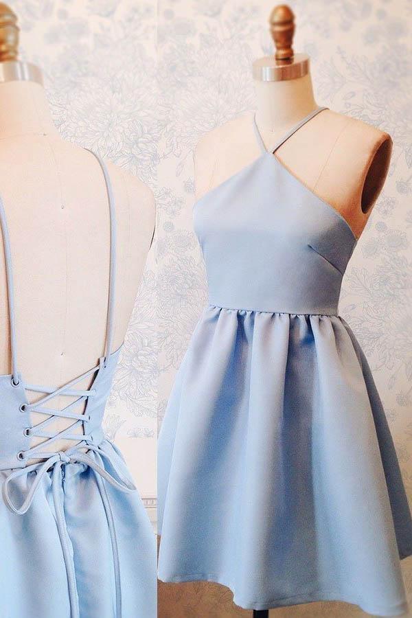 A-Linien Neckholder Kurzes Satin-Heimkehrkleid zum Schnüren