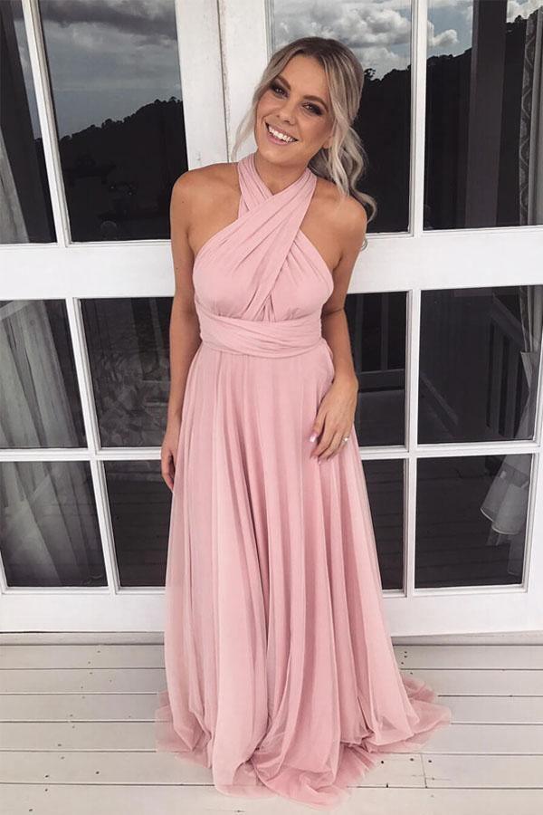 Vestido largo de dama de honor de gasa rosa con cuello halter y corte A para dama de honor