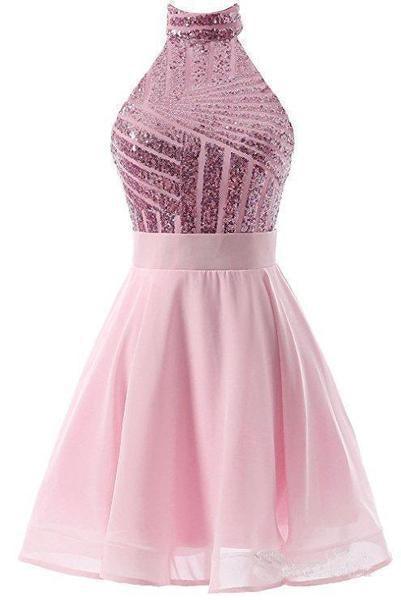 A-Line Halter Short Chiffon Homecoming Dress with Sequins