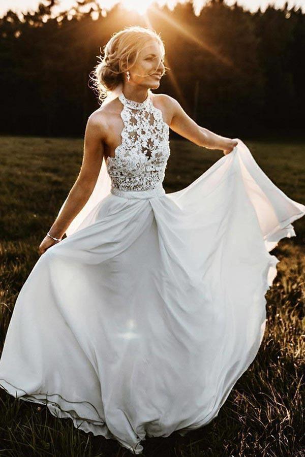 A-Linie Neckholder Ärmelloses Chiffon Langes Strandhochzeitskleid mit Spitze