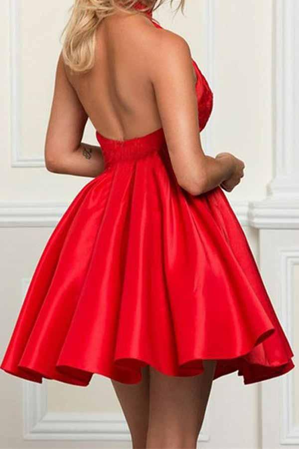 Rotes, ärmelloses, kurzes A-Linien-Heimkehrkleid aus Satin mit Neckholder und Spitze