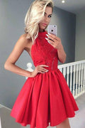 Rotes, ärmelloses, kurzes A-Linien-Heimkehrkleid aus Satin mit Neckholder und Spitze