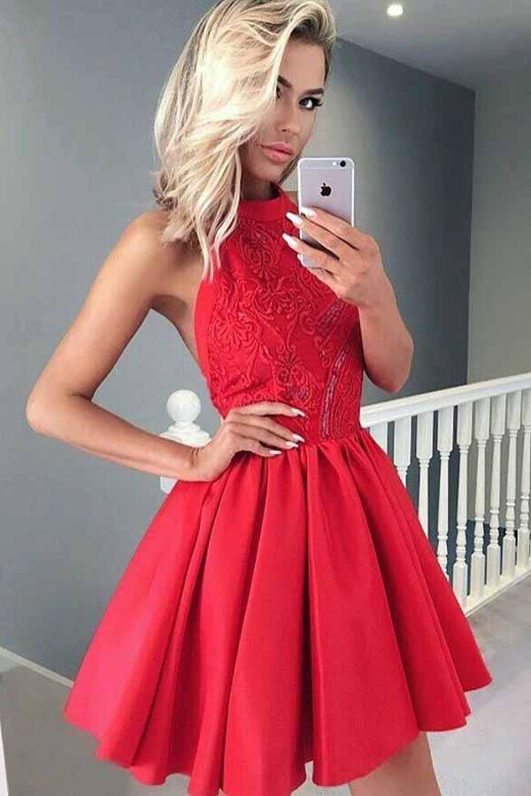 Rotes, ärmelloses, kurzes A-Linien-Heimkehrkleid aus Satin mit Neckholder und Spitze