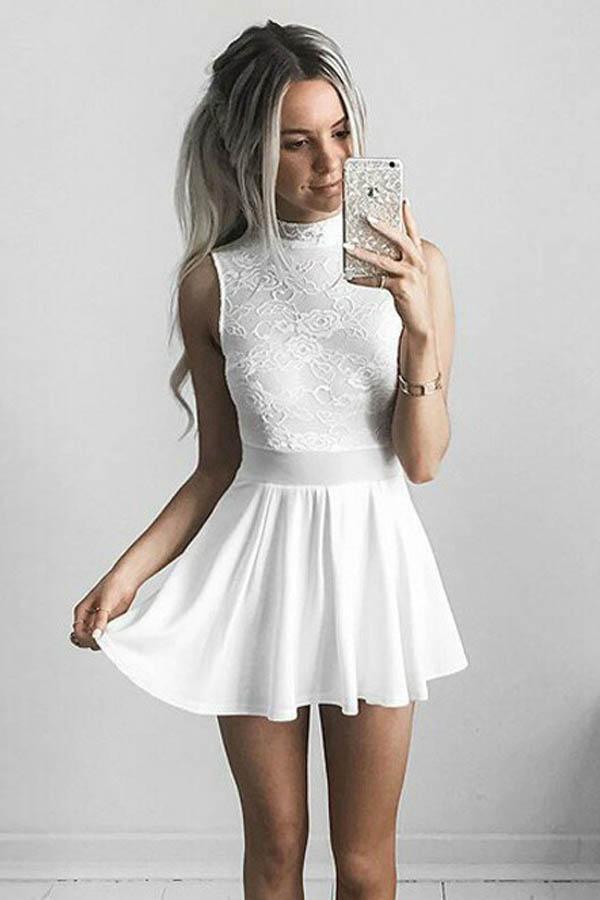 A-Linien High-Neck Chiffon-Heimkehrkleid mit Spitze
