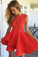 A-Line Jewel Short Satin Homecoming Dress with Lace Ruffles