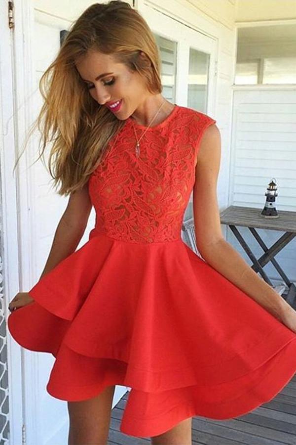 A-Line Jewel Short Satin Homecoming Dress with Lace Ruffles